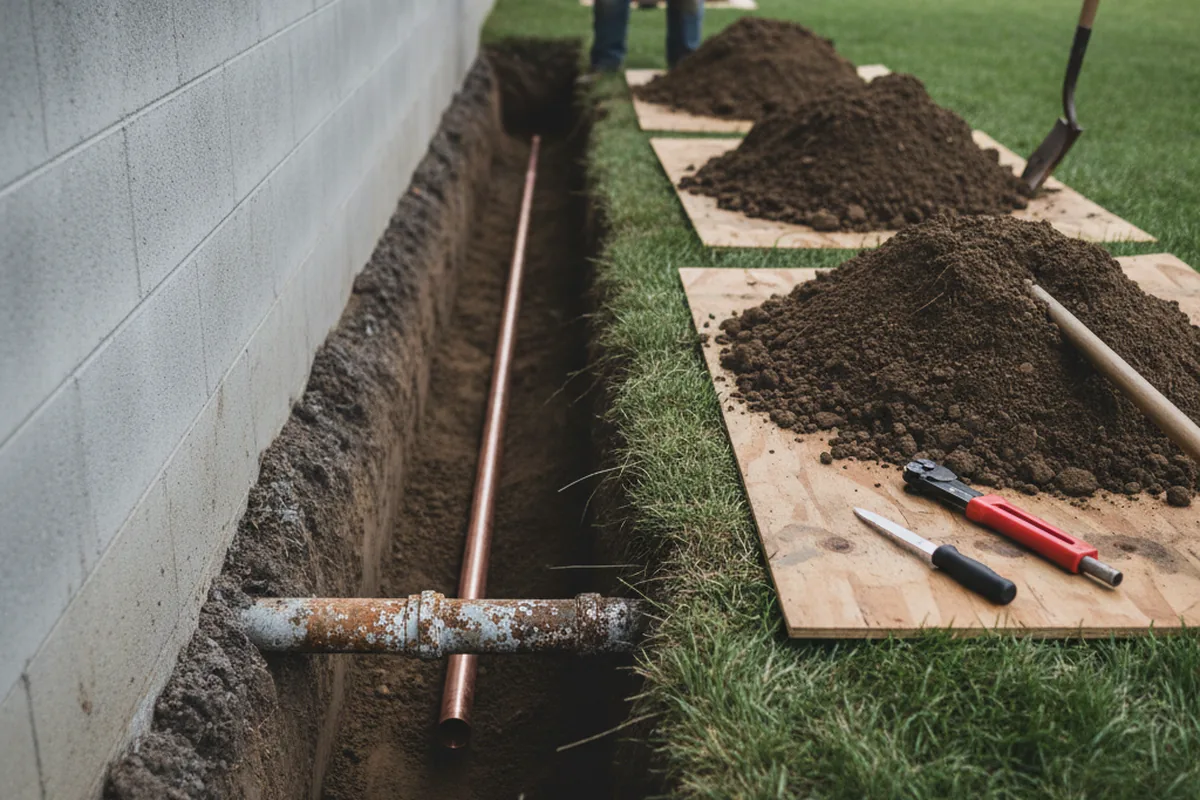 Excavated water line trench during Water Softener Installation in Lubbock